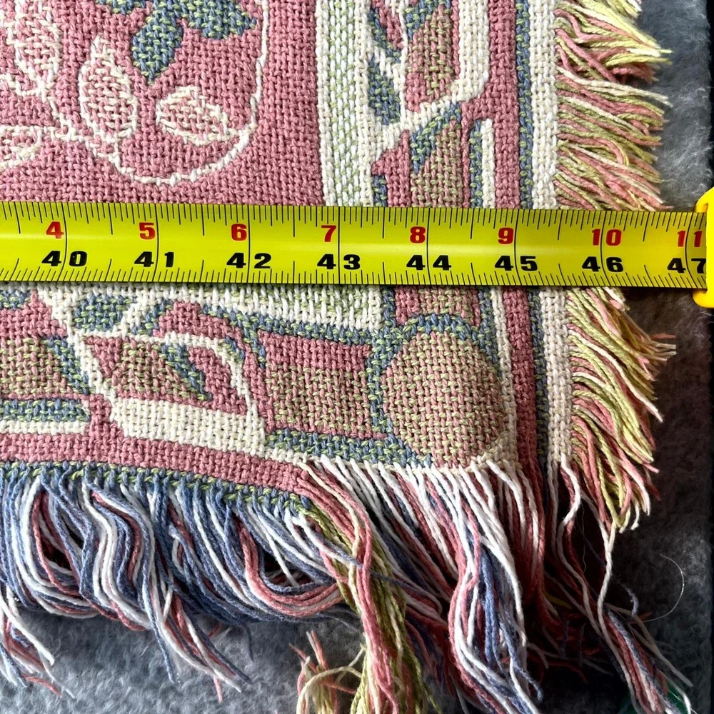 Vintage Rug Blanket Pink Green Floral Print Fringe Trim Accent Knitted Casual